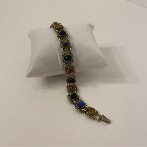 Vintage Gold Tone Filigree Bracelet with Multi-Color Glass Cabochons READ